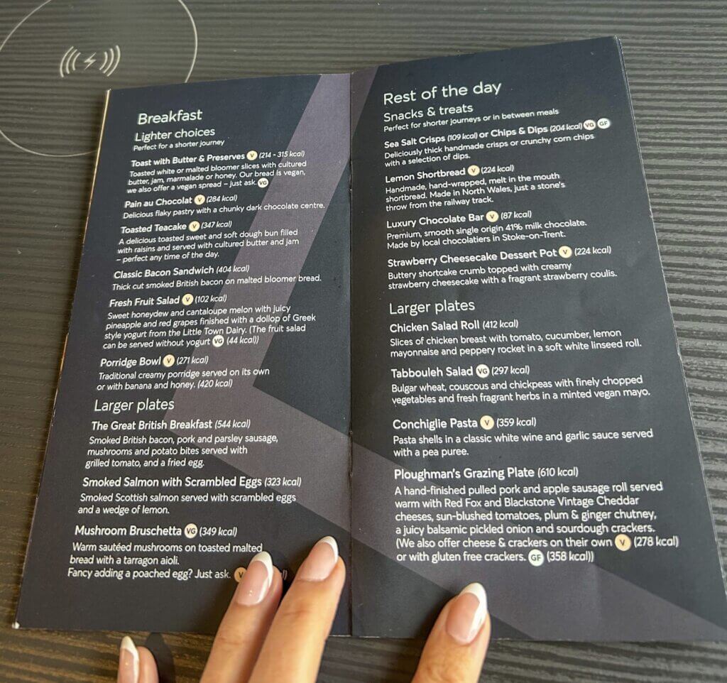 UK treinreis Avantitrein menukaart